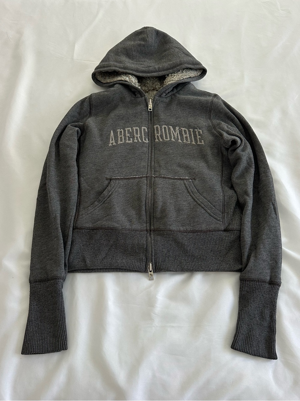 Y2K Abercrombie Sherpa-Lined Zip Hoodie in Charcoal Gray